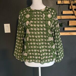 Misa Los Angeles Geometric Green and Cream Blouse